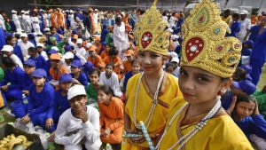 School children dressed as Lord Krishna take part in the full dress rehearsal ahead at the Red Fort.