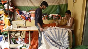 Independence day celebrations, in New Delhi. Tricolour related paraphernalia ranging from flags to face paint, clothing and banners sees exceptionally high demand among buyers in the days leading up to the eve of August 15.