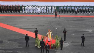 Special Protection Group (SPG) agents kept watch as Narendra Modi (C, on podium) attended the Independence Day celebrations. Officials said anti-aircraft and anti-drone guns were deployed in and around Red Fort. An additional 500 closed-circuit television and high-resolution cameras were placed in and around Red Fort.