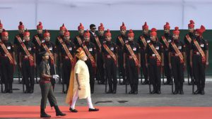 The Prime Minister inspected a guard of honour following his arrival at Red Fort, as part of the 71st Independence Day celebrations in New Delhi. Modi greeted the nation with a tweet early in the morning and paid homage to Mahatma Gandhi with a visit to Rajghat before arriving at the celebration venue.