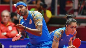 Achantab Sharath and Manika Batra during the mixed double table tennis match against Korea in the 18th Asian Games 2018 in Jakarta