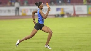 India Poovamma Raju competes in women 4x400m relay competition