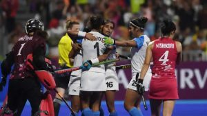 India players celebrate after score a goal against Japan during the women's field hockey final match between India and Japan