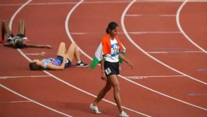 Sudha Singh after winning the silver medal in women's 3000m steeplechase competition at the 18th Asian Games 2018 in Jakarta