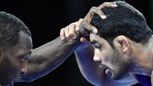 Sushil Kumar wrestles against Canada Jevon Balfour during the mens freestyle 74 kg wrestling match in Carrara Sports Arena Gold Coast