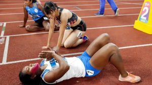 Swapna Barman of India celebrates after the Women's Heptathlon 800m event during the 2018 Asian Games