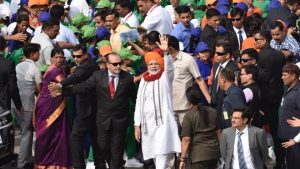 The Prime Minister waves as he leaves after addressing the nation. Praising tax payers, Modi said that people are “celebrating the festival of honesty”. He said the honest taxpayer of India has a major role in the progress of the nation. It is due to them that so many people are fed, the lives of the poor are transformed.