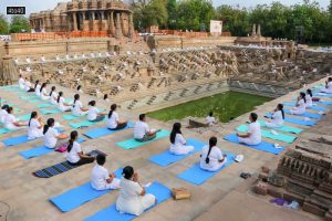 Mehsana School Children perform yoga at sun temple Modhera in Mehsana some of 110 Kms from Ahmedabad