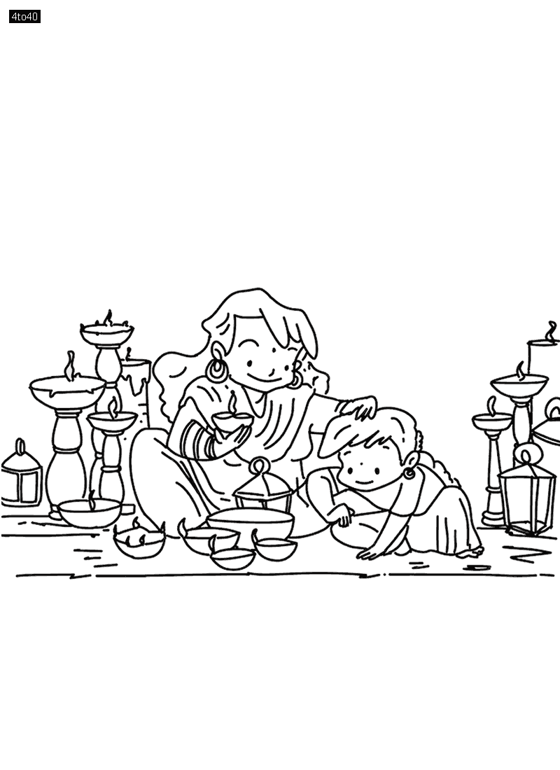 Sketch Of Mother And Daughter Doing Diwali Decoration