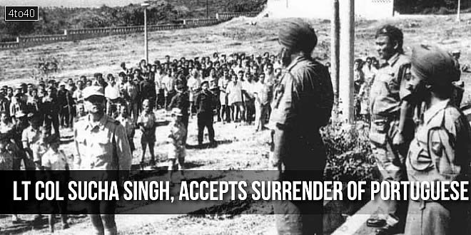 Lieutenant Colonel Sucha Singh, accepts the surrender of Portuguese troops at Panjim, Goa.