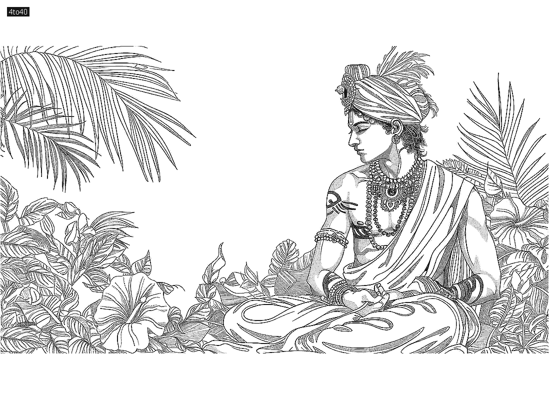 Line art of Krishna in traditional attire