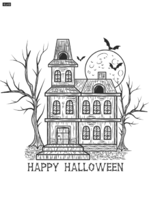 Terrific hand drawn Halloween haunted house Coloring Page